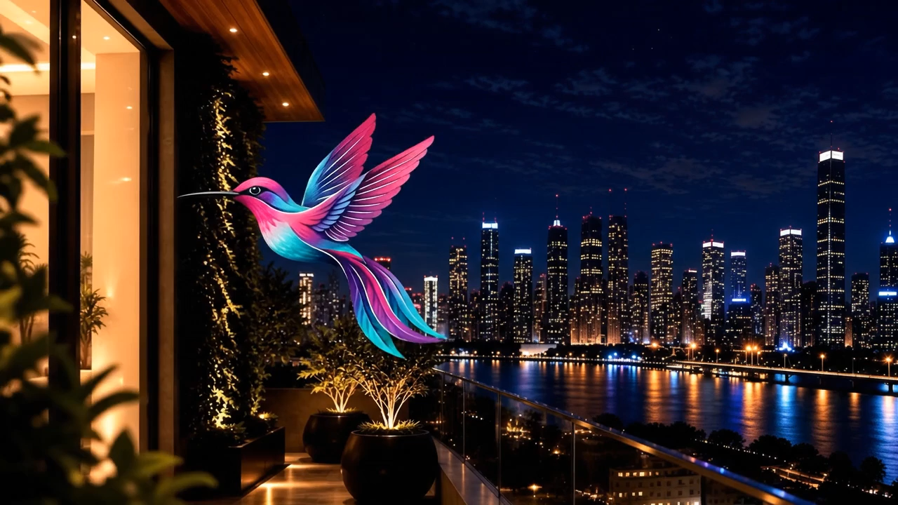 Beija-flor rosa e azul sobrevoa um terraço iluminado diante do skyline noturno refletido na água.