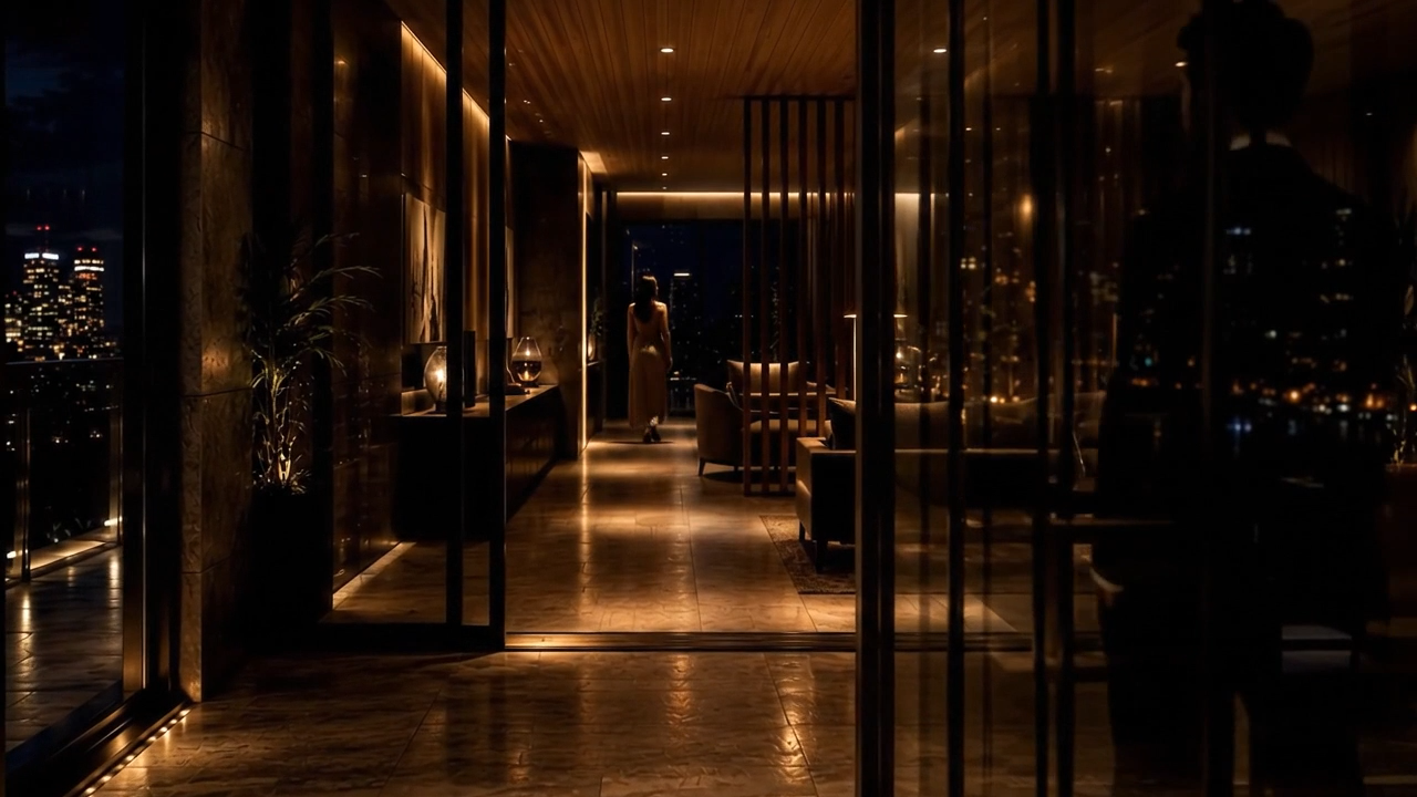 Mulher caminha por uma galeria de luz âmbar, com a cidade à noite à esquerda e uma silhueta masculina em primeiro plano.