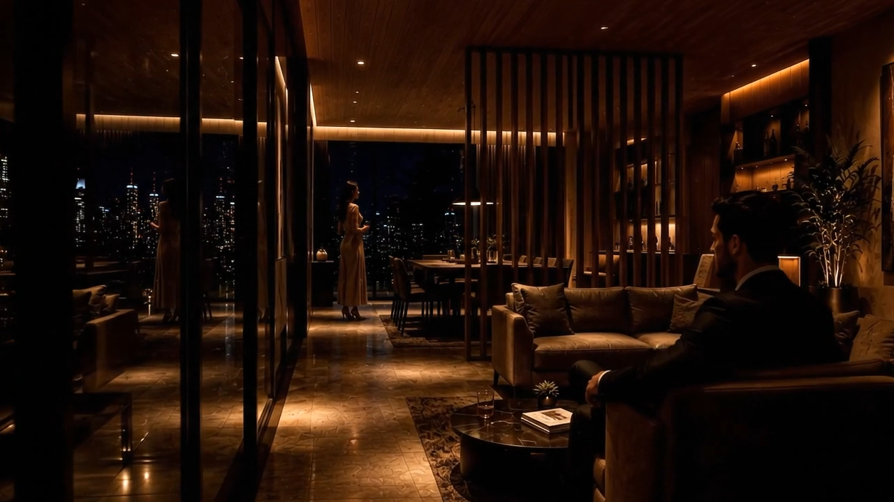 Homem sentado em um lounge de luz âmbar observa uma mulher junto à janela, com o skyline noturno ao fundo.