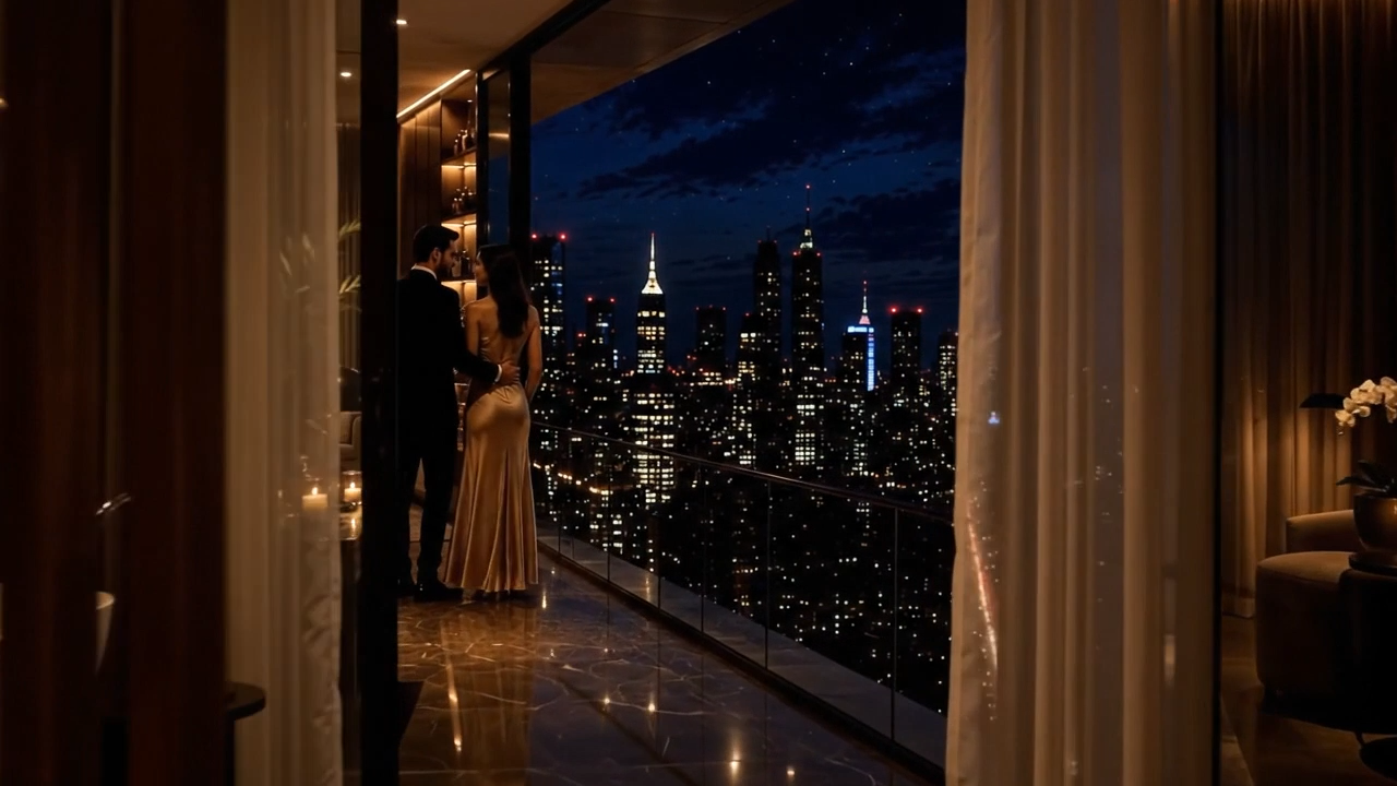 Casal abraçado em uma varanda à noite, entre cortinas claras, com o skyline iluminado ao fundo.