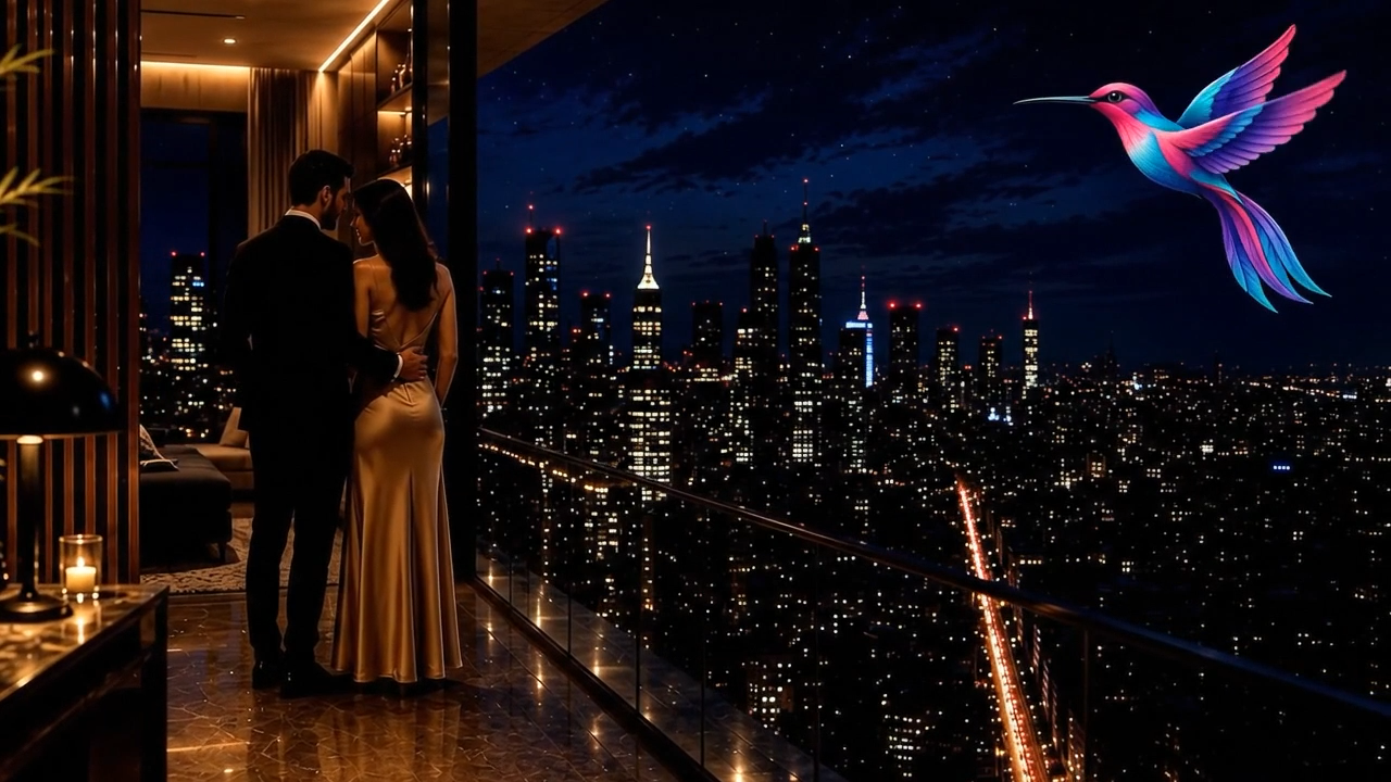 Casal abraçado em uma varanda diante do skyline noturno, com um beija-flor rosa e azul no céu.
